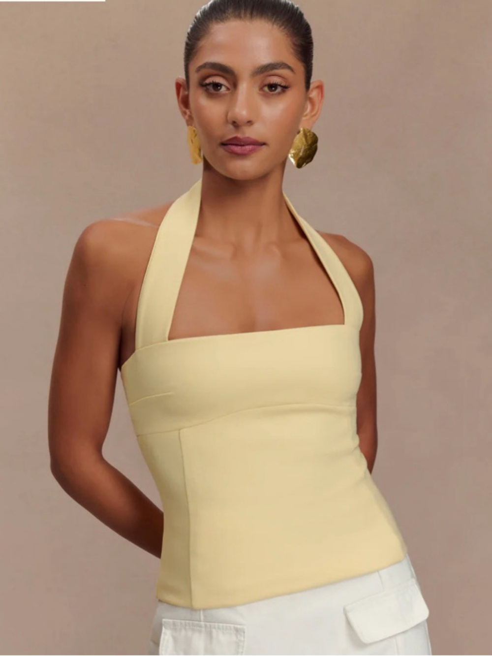 Meshki Pale Yellow Halter Square-Neck Tank Top